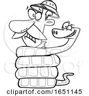 Cartoon Black And White Male Explorer In A Constrictor Snake Coil