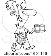 Cartoon Black And White Happy Work Gofer Man Carrying Coffee And Donuts by toonaday