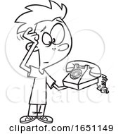 Cartoon Black And White Boy Scratching His Head And Looking At An Old Fashioned Telephone