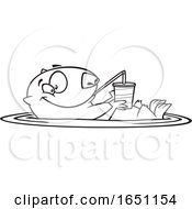 Cartoon Black And White Happy Otter Floating With A Drink