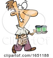 Cartoon Happy Work Gofer Man Carrying Coffee And Donuts