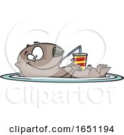 Cartoon Happy Otter Floating With A Drink