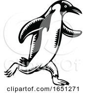 Poster, Art Print Of Gentoo Penguin Running Woodcut