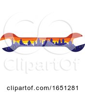 Poster, Art Print Of Spanner Wrench With A City Skyline At Sunset