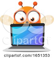 Chubby Bee Mascot Holding A Laptop