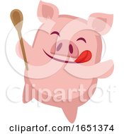 Poster, Art Print Of Pink Pig Holding A Spook And Licking His Lips