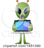 Poster, Art Print Of Green Extraterrestrial Alien Holding A Laptop