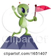 Poster, Art Print Of Green Extraterrestrial Alien With A Flag On A Mountain Top