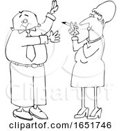 Cartoon Black And White Business Man Waving Away Smoke From A Woman