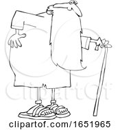 Cartoon Black And White Father Time Holding His Back And Walking With A Cane
