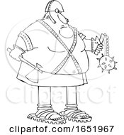 Cartoon Black And White Chubby Executioner Holding An Axe And Flail