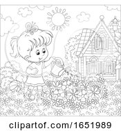 Black And White Girl Watering A Flower Garden