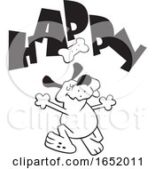 Poster, Art Print Of Cartoon Black And White Dog Dancing Under A Biscuit And Happy Text