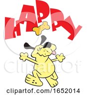 Poster, Art Print Of Cartoon Yellow Dog Dancing Under A Biscuit And Happy Text