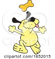 Poster, Art Print Of Cartoon Happy Yellow Dog Dancing Under A Biscuit