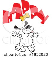 Poster, Art Print Of Cartoon Dog Dancing Under A Biscuit And Happy Text