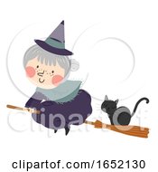 Witch Senior Cat Broom Illustration