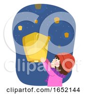 Poster, Art Print Of Kid Girl Advent Floating Lantern Illustration