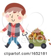 Kid Boy Wagon Collect Autumn Leaves Illustration