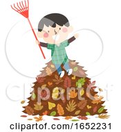 Poster, Art Print Of Kid Boy Autumn Rake Pile Leaves Illustration