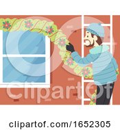 Poster, Art Print Of Man Decorate House Outdoor Christmas Illustration