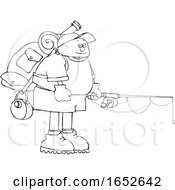 Poster, Art Print Of Cartoon Black And White Man Wearing A Backpack With Fishing Gear