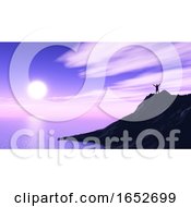 Poster, Art Print Of 3d Male Figure On Cliff Top With Arms Raised Against Purple Sunset Landscape