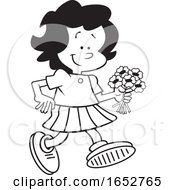 Cartoon Black And White Girl Walking With Flowers