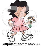 Cartoon Hispanic Girl Walking With Flowers