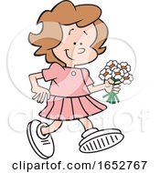 Cartoon White Girl Walking With Flowers
