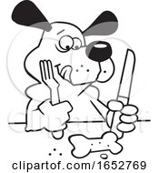 Poster, Art Print Of Cartoon Black And White Dog Ready To Eat A Biscuit With Cutlery
