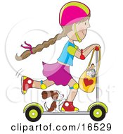 Poster, Art Print Of Happy Little Brunette Girl Riding On A Kick Scooter With Her Puppy And Purse Full Of Stuffed Animal Toys