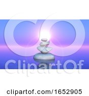 Poster, Art Print Of 3d Balancing Rocks In The Ocean Against A Sunset Sky