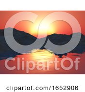 Poster, Art Print Of 3d Mountains With Ocean Against A Sunset Sky