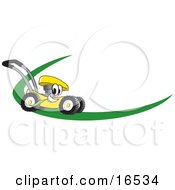 Yellow Lawn Mower Mascot Cartoon Character On A Logo Or Nametag With A Green Dash