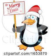 Poster, Art Print Of Cartoon Penguin Holding A Merry Christmas Sign