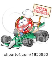 Poster, Art Print Of Cartoon Pizza Mascot Holding An Express Sign Over A Race Car