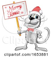 Poster, Art Print Of Cartoon Happy Gray Cat Holding A Merry Christmas Sign