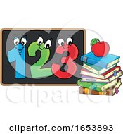 Poster, Art Print Of Cartoon Apple On Books And Numbers On A Blackboard