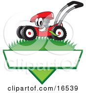 Red Lawn Mower Mascot Cartoon Character Mowing Grass Over A Blank White Label