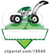 Green Lawn Mower Mascot Cartoon Character Mowing Grass Over A Blank White Label