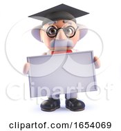 Crazy Mad Professor Scientist Wearing A Mortar Board And Holding A Blank Sign In 3d