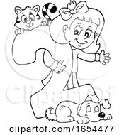 Poster, Art Print Of Black And White School Girl With A Number 2 And Animals