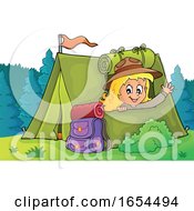 Girl Camping And Waving From Her Tent