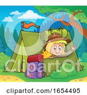 Poster, Art Print Of Girl Camping And Waving From Her Tent