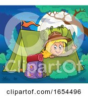 Poster, Art Print Of Girl Camping And Waving From Her Tent