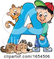 Poster, Art Print Of School Boy With Letter A And Animals