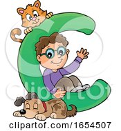 Poster, Art Print Of School Boy With Letter C And Animals