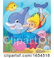 Poster, Art Print Of Girl Swimming Underwater With A Dolphin