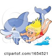 Poster, Art Print Of Girl Swimming With A Dolphin